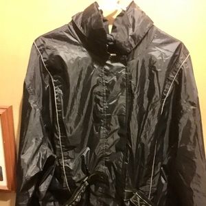 Motorcycle riding two piece rain suit.